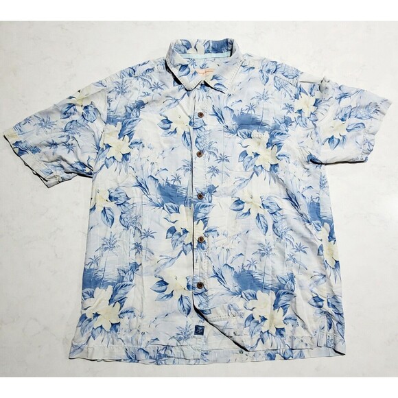 TOMMY BAHAMA Original Fit 100% Silk Sky Blue White Hawaiian Tropical Shirt NWOT - Picture 3 of 12